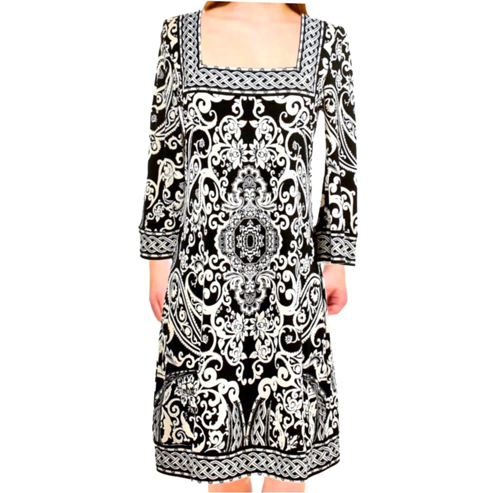 White House Black Market Baroque Paisley Long Sleeve Square Neck Stretch Dress